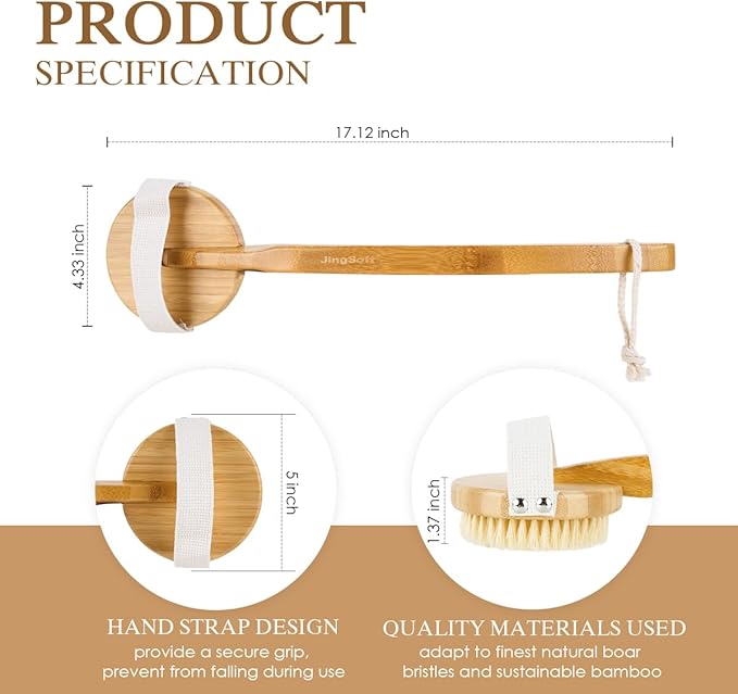 Detachable Dry Brushing Body Brush Natural Boar Bristle Back Scrubber for Shower with Long Handle for Exfoliation and Lymphatic