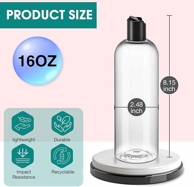 6 Pcs 16 oz Clear Plastic Empty Bottles with Black Disc Top Caps, Squeezable Refillable Shampoo Bottles Travel Cosmetic Containers for Lotions, Body Soap Cream