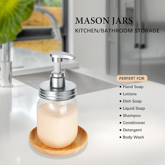 Amolliar Plastic Mason Jar Soap Dispenser with Pump Lid,16OZ Refillable Hand Soap Dispenser Set with Cute Lables - Farmhouse Decor for Kitchen/Bathroom, Liquid Soap, Dish Soap, Lotion (Silver)