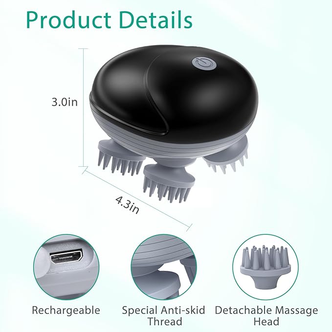 ORIA Electric Scalp Massager, Cordless Hair Scalp Massager, Portable Head Scratcher, Body Massage Tools with 3 Modes, 4 Kneading Heads for Soothing Head, Stress Relax