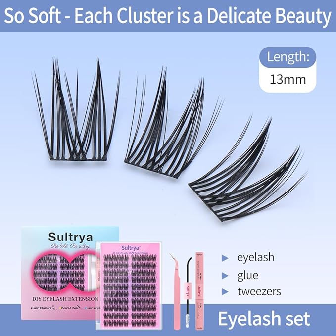 DIY Eyelash Extension Kit 100pcs Clusters HANDMADE Faux Mink Individual Clusster Lahses for Natural Fluffy Wispy Looks False Eyelashes Self Application at Home with Bond Seal Tweezers (13mm, S01 KIT)