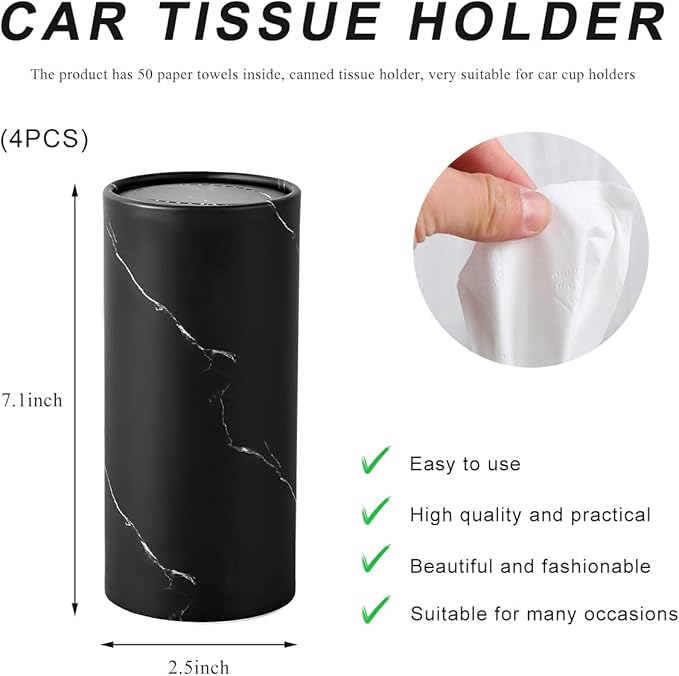 4PCS Car Tissue Holder, Car Cup Holder Convenient Travel Tissue Tube Box with Facial Tissues, Portable Round Tissues Holder Paper Towel Cylinder for Car Home Office (Marble Black)