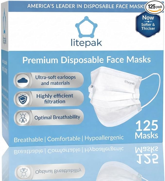 Litepak 125-Pack Disposable Face Mask Premium Comfort Earloops with Dispenser Box (White)