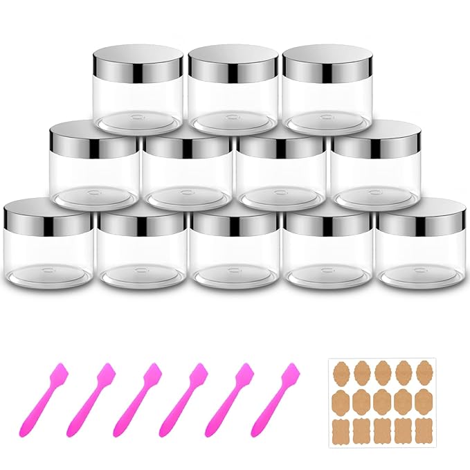 12 Pack 6 oz Plastic Cosmetic Containers With Silver Lids Refillable Clear Empty Travle Jars Containers for Body Butter,Sugar Scrubs,Cream,Lotions,Candy, Label&Spatulas