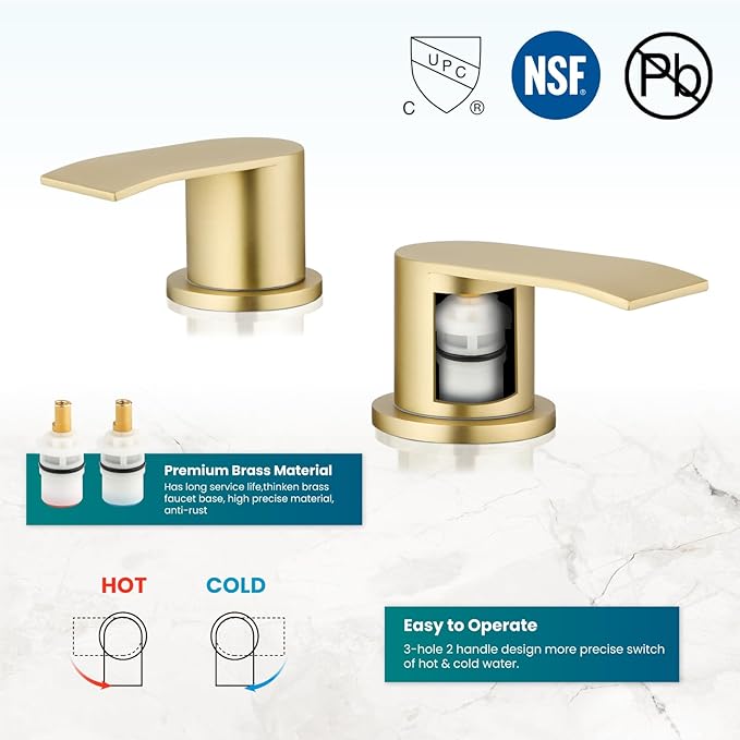 gotonovo Waterfall 8 inch Widespread Bathroom Faucet Set Bathroom Sink Faucet 3 Hole 2 Handle Vanity Lavatory Deck Mount with Pop Up Drain and Water Supply Lines Round Body Brushed Gold