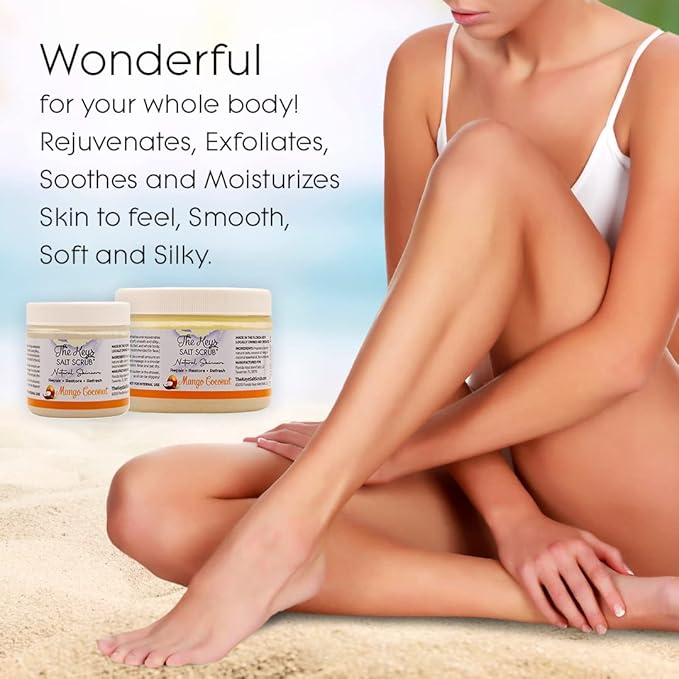 The Keys Salt Scrub -Sea Salt Scrub - Exfoliating Body Scrub with Wooden Spoon - Moisturizing Exfoliator for Hands, Foot, Bath, (3.4 Ounce (Pack of 1), Mango Coconut)