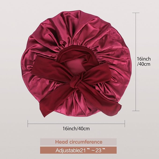 Arqumi Pack of 2 Satin Sleeping Bonnet, Large Sleep Bonnet with Elastic Long Strap, Adjustable Sleep Cap Hair Bonnet for Women & Men,Black+Red