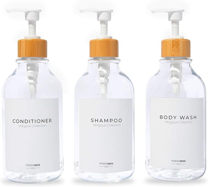 MaisoNovo Refillable Shampoo and Conditioner Bottles - 16.9 fl oz Set of 3 Clear Plastic Bottles White Bamboo Pumps