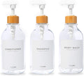 MaisoNovo Refillable Shampoo and Conditioner Bottles - 16.9 fl oz Set of 3 Clear Plastic Bottles White Bamboo Pumps