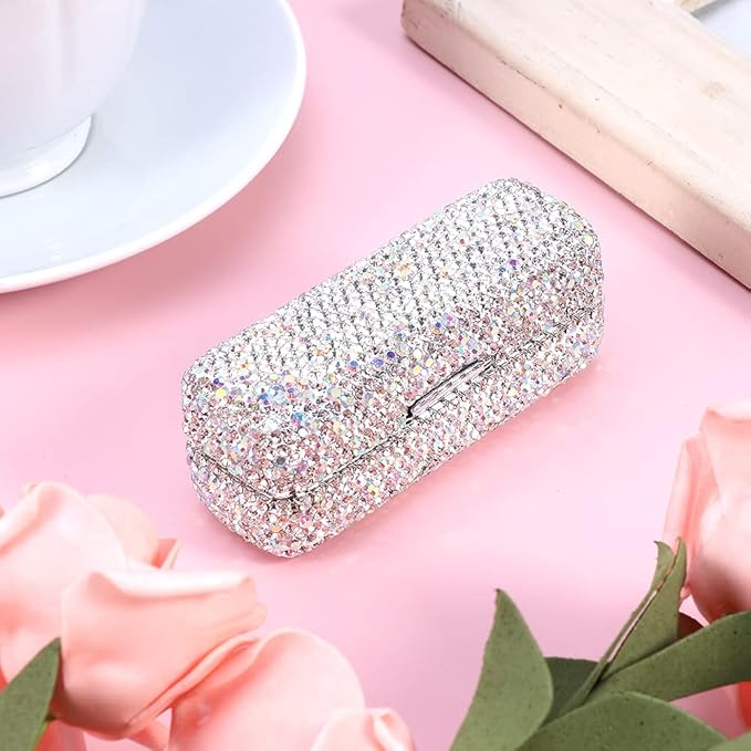 Rhinestone Lipstick Case with Mirror Bling Crystal Lipstick Case Diamonds Makeup Cosmetic Storage Box Holder for Purse(COLOR:White)
