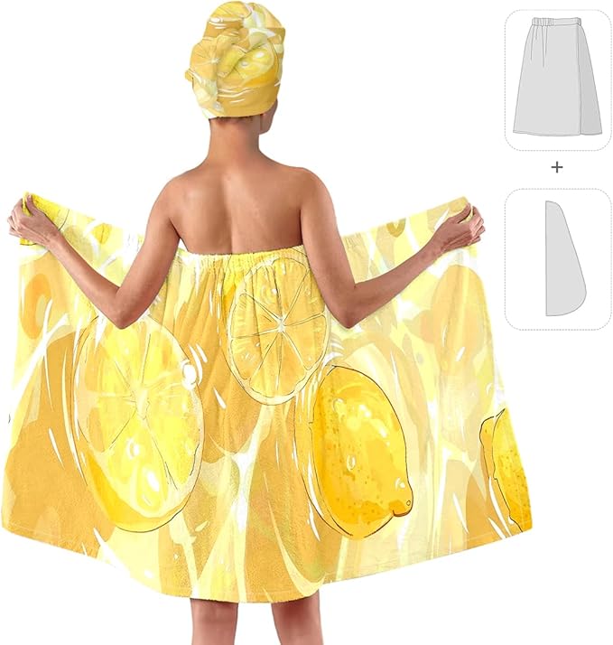 Women’s Citrus Lemon Bath Towel and Hair Wrap Set, Quick-Dry Soft Absorbent Microfiber Shower Body Wrap with Elastic Closure, Lightweight Spa Toweling Ensemble for Home, Gym & Travel (Citrus 5)
