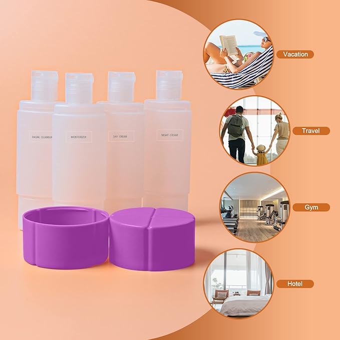 Travel Bottle, TSA approved 4-in-1 Leak-Proof Bottle, 4 * 60ml/2oz, with 2 Pre-printed Labels for Travel Gym Camping, Carry-On Travel Size Toiletries Shampoo Lotion Bottle for Women Men(Purple)