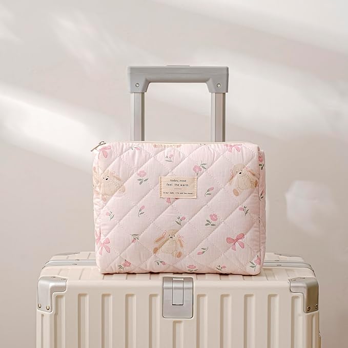 uekeboag Quilted Cotton Makeup Bag,Coquette Quilted Toiletry Bag for Women and Girls,Floral Coquette Pouch,Cute Kawaii Travel Cosmetic Bags(Rabbit and Bow)
