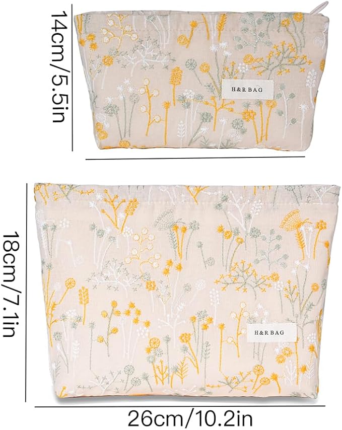 2 Pcs Makeup Bags, Large Cute Cosmetic Bag Travel Toiletry Bag Organizer for Women, Embroidery Craft Floral Makeup Bag Small Cosmetic Pouch Purse with Zipper （Dasiy Yellow）