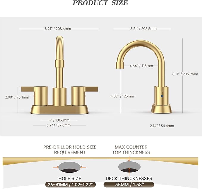 Phiestina Brushed Gold 4 Inch 2 Handle Centerset Lead-Free Bathroom Faucet 2 Pack, Swivel Spout with Copper Pop Up Drain and 2 Water Supply Lines,BF15-1-BG-2PACK