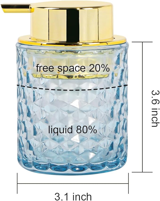2pcs Amber Foaming Soap Dispenser, Glass Soap Dispenser with Gold Pump, Bathroom Refillable 10 Oz Lotion Shampoo Pump Container Vintage Diamond Bottle for Bathroom and Kitchen