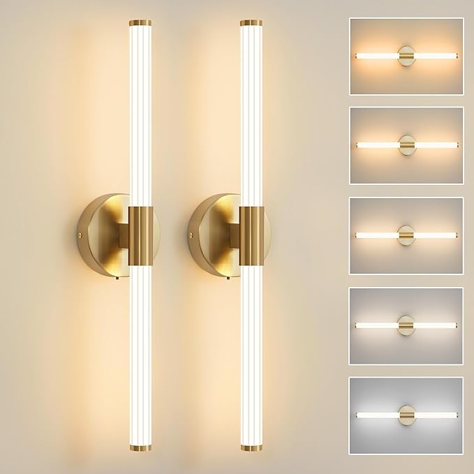 Gold Wall Sconces Set of Two Hardwired, Dimmable 5CCT LED Bathroom Light Fixtures Over Mirror, 360° Full Lighting 23 inch Vanity Light Bar Modern Wall Sconce for Bathroom Bedroom Living Room