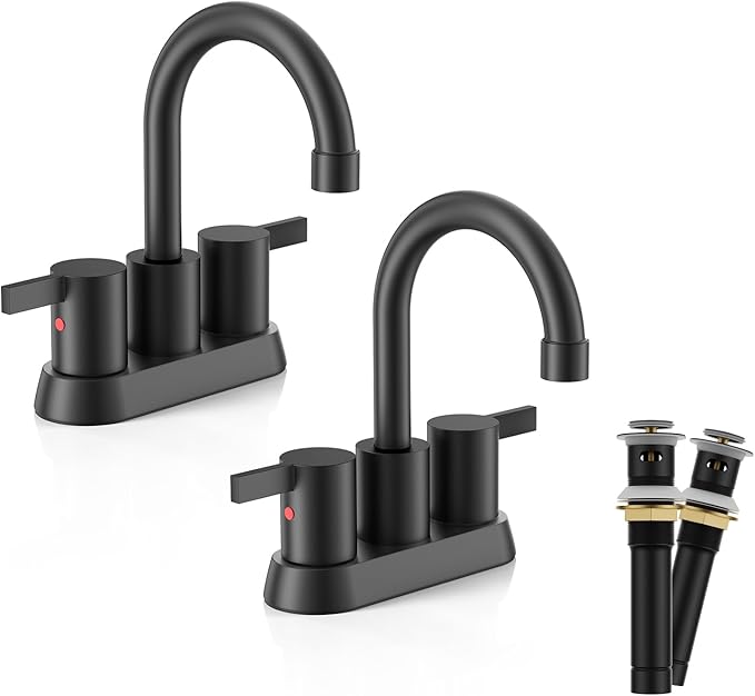 Phiestina 4 Inch 2 Handle Centerset Matte Black Lead-Free Modern Bathroom Faucet 2 Pack, 360 Swivel Spout 2-3 Hole RV Bathroom Vanity Sink Faucet with Pop Up Drain,Water Supply Lines,BF15-1-MB-2PACK