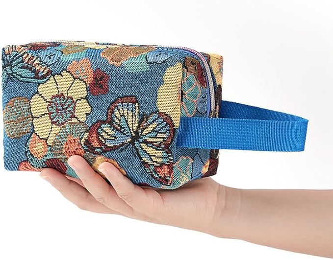 Rectangular Makeup Bag Small Cute Cosmetic Bags for Women，Floral Travel Toiletry Bag for Purse, Canvas Cosmetic Pouch Makeup Organizer Tool Pouch with Zipper（Garden Blue）