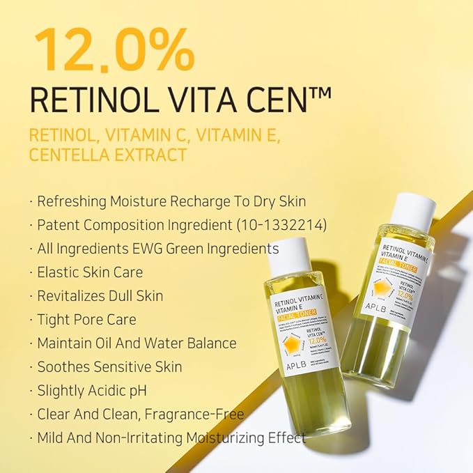 APLB Retinol Vitamin C Vitamin E Facial Toner | Retinol VITA CEN™ 12.0% 5.41 FL.OZ/Korean Skincare, Replenishing Moisture, Revitalize for Gentle and Improve Skin Texture Through Retinol
