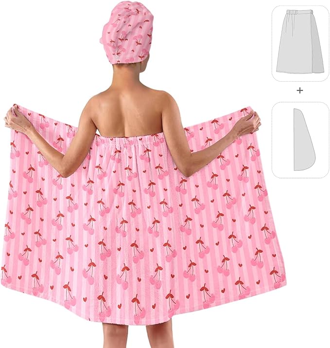Women’s Pink Cherry Bath Wrap and Hair Towel Set, Soft Absorbent Microfiber Quick-Dry Shower Body Skirt with Elastic Closure, Lightweight Spa Towel for Home, Gym & Travel (Cherry 10)