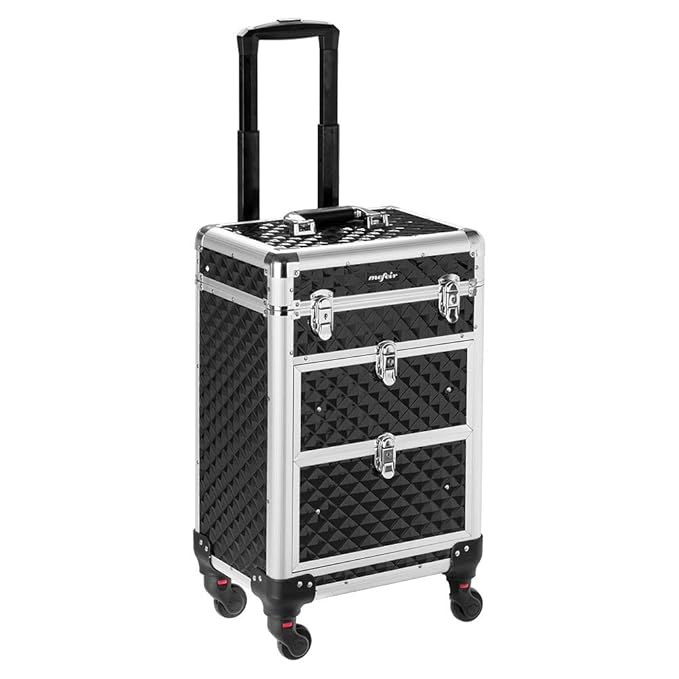 mefeir Aluminum Rolling Makeup Train Case, Portable Makeup Organizer Suitcase, Cosmetic Storage Box, Travel Beauty Luggage Trolley Lockable w/4 Removable Wheels & 2 Sliding Drawers (Black)