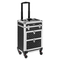 mefeir Aluminum Rolling Makeup Train Case, Portable Makeup Organizer Suitcase, Cosmetic Storage Box, Travel Beauty Luggage Trolley Lockable w/4 Removable Wheels & 2 Sliding Drawers (Black)