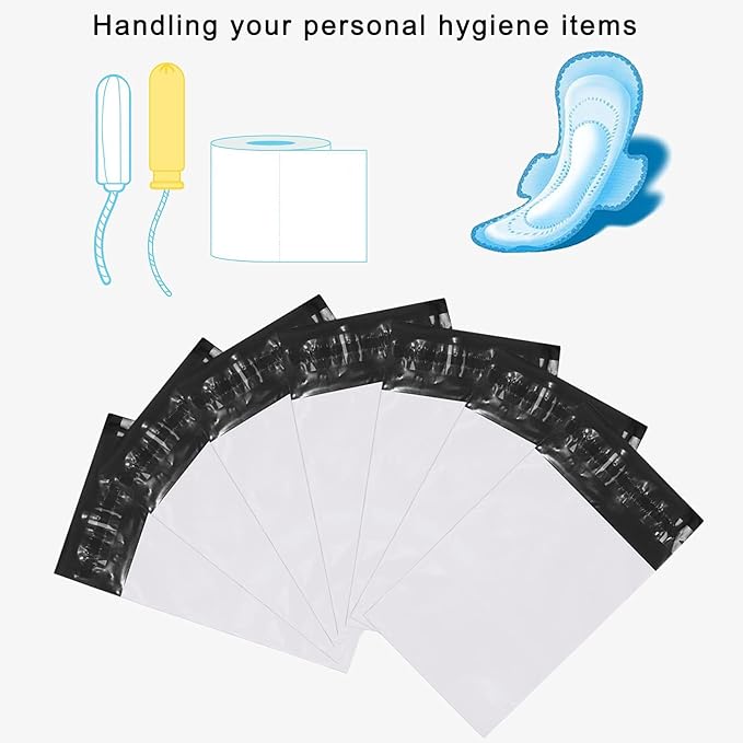 Feminine Personal Disposal Bags,5 * 8 inches Tampon Pack of 100 White Opaque Seal Discreet Disposal Bags for Tampons,Sanitary Pads,Sanitary Liners(with Black Storage Bag)