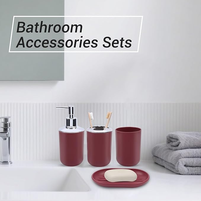 4 Piece Bathroom Accessories Set, Plastic Bathroom Accessory Set, Toothbrush Holder, Toothbrush Cup, Soap Dispenser, Soap Dish, Red