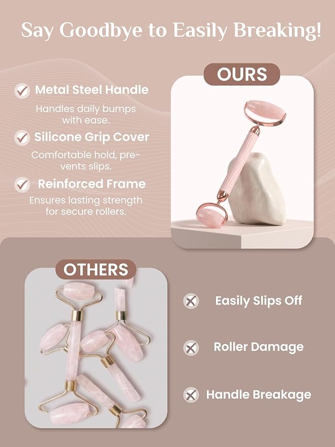 Rena Chris Gua Sha and Face Roller Set: Anti-Breakage Jade Roller for Long-Lasting Use, Jawline Sculpting and Puffiness Reducing, Gua Sha Facial Tools for Self Care Gift (Rose)