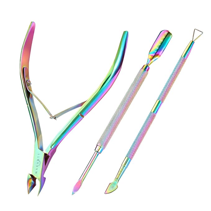 Makartt Cuticle Trimmer with Cuticle Pushers: Cuticle Nipper Professional Manicure Pedicure Set, Stainless Steel Cuticle Remover Kit with Dual End Nail Pusher & Scraper (Rainbow Titanium, 3 PCS)