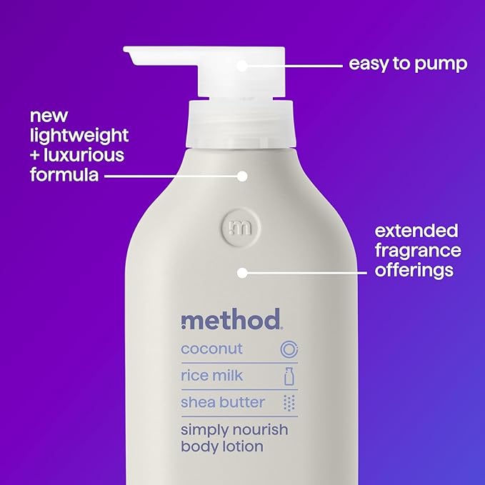 Method Body Lotion,Simply Nourish,Coconut,Rice Milk + Shea Butter notes,24 Hours of Moisture 14 oz,(Pack of 2)