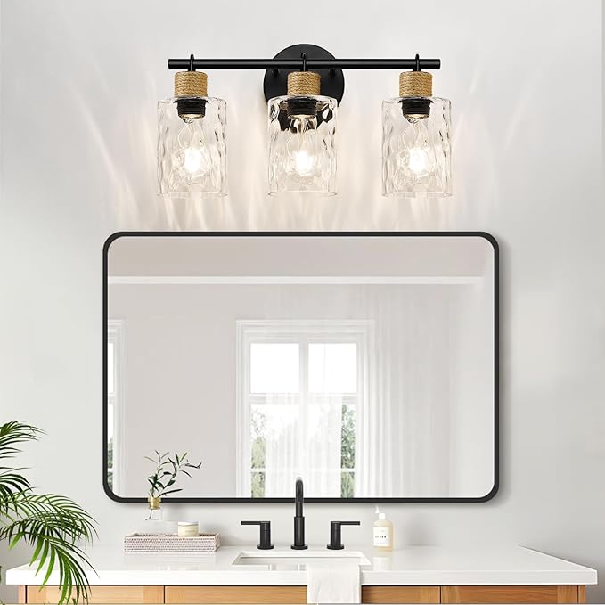 Bathroom Light Fixtures, 3-Light Coastal Vanity Lights with Crystal Glass Shade, Black Bathroom Wall Lamp for Mirror Kitchen Hallway Cabinet