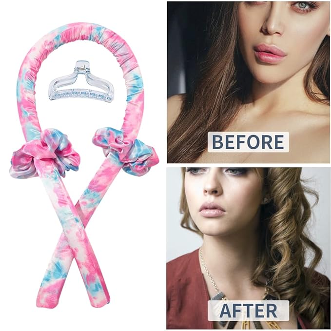 Heatless Curling Rod Headband No Heat Silk Ribbon Curling Rod Hair Roller Curls with Hair Claw Clip Lazy Natural Soft Wave DIY Hair Rollers Styling Tool for Sleep in Overnight (fen-lan)