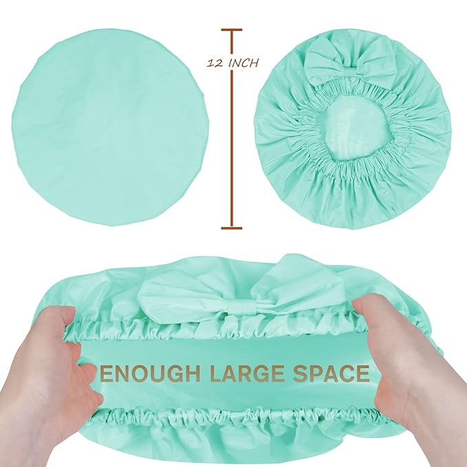 Reusable Shower Cap for Women with Stylish Bow, Non-Slip Waterproof Anti Humidity Bathing Cap, Roomy Anti Frizz for Short Medium Straight Wavy Hair, Soft Elastic & Machine Washable, Aqua