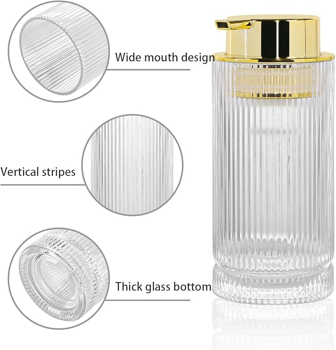 14 Oz Foaming Soap Dispenser, Clear Glass Soap Dispenser, Refillable Foam Pump Bottle Lotion Container with Gold Pump, Decorative Slim Ribbed Bottle for Bathroom and Kitchen Decor