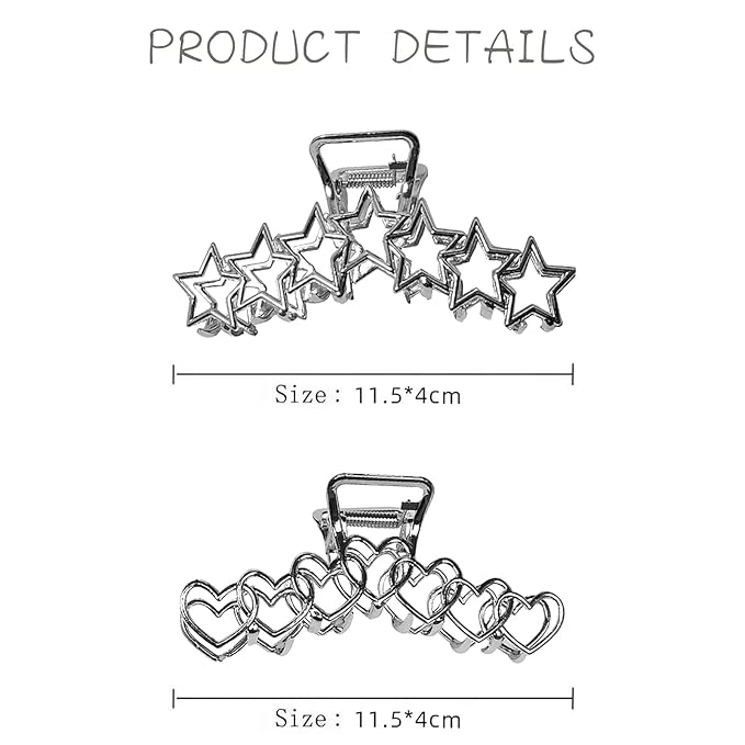 2PCS Y2k Metal Hair Claw Clips Star Heart Hair Clips for Women Big Nonslip Design Claw Hair Clips for Thick and Thin Hair Stitching Silver Large Hair Accessories for Women and Girls.