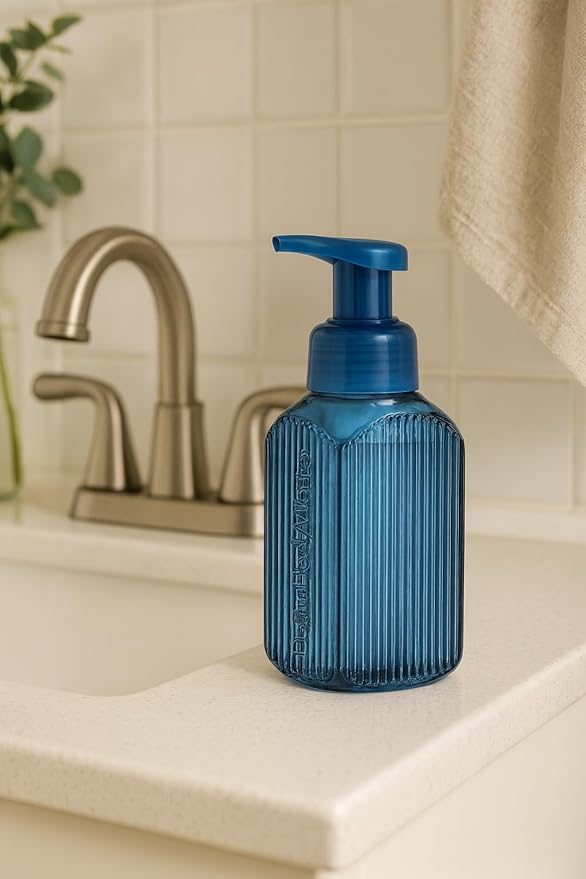 Bath & Body Works Navy Vertical Lines Gentle & Clean Foaming Hand Soap Dispenser, Refillable Glass Holder, Stylish Bathroom & Kitchen Decor