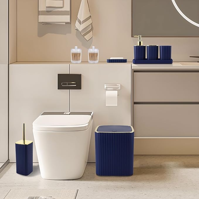 Bathroom Accessories Set - Gorgeous Bathroom Set, 10PC Navy Blue Bathroom Accessory Set, Toilet Brush, Trash Can, Qtip Holder & Soap Dispenser