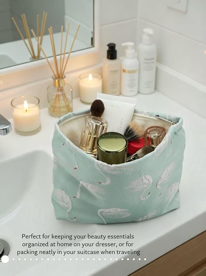 2-Pack Swan Print Makeup Bag Set - Large Capacity Light Blue Cosmetic Organizer | Travel Toiletry Pouch for Women Girls (Cute Animal Print, Zipper Closure)