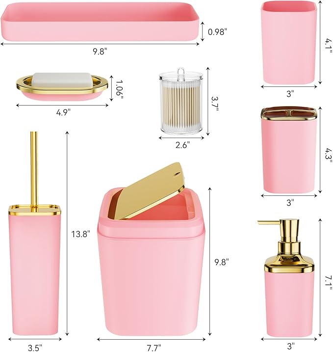 Bathroom Accessories Set - Luxury Pink Bathroom Set, 9 Pieces Bathroom Accessory Set, Pink Bathroom Accessories with Trash Can, Toilet Brush & Soap Dispenser
