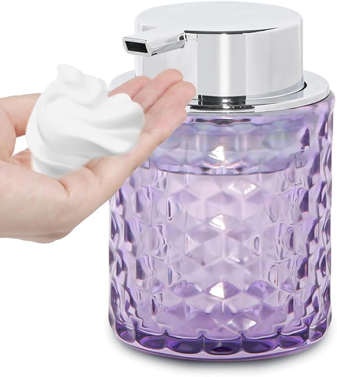 10 Oz Glass Hand Soap Dispenser with Pump, Refillable Bathroom Gold Foaming Soap Dispenser, Vintage Glass Diamond Lotion Container Bottle for Bathroom and Kitchen (1, Purple and Silver)