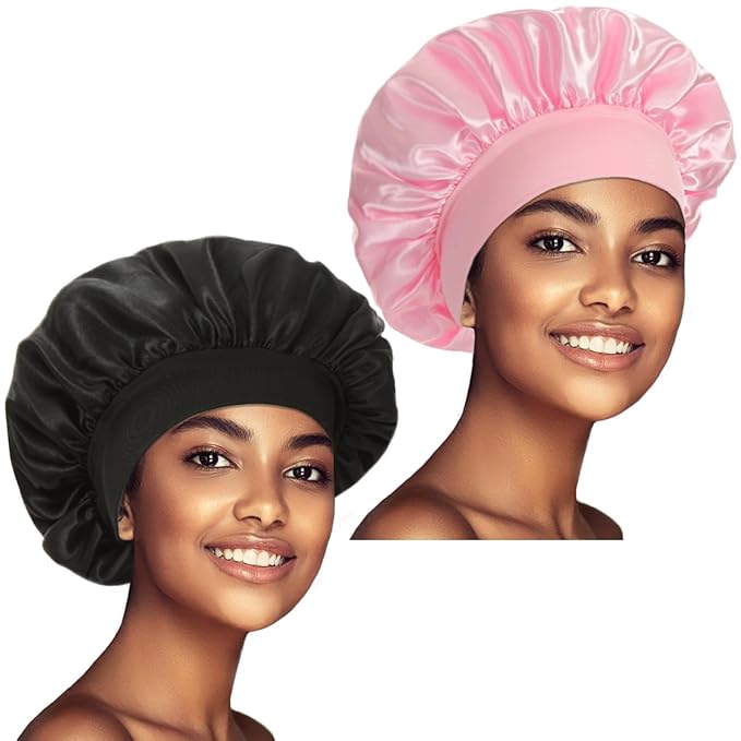 2 Pack Satin Bonnet Silk Bonnet for Sleeping Women, Hair Sleep Bonnets for Women, Wide Soft Band Large Sleep Cap for Curly Hair Braids