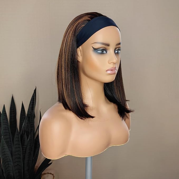 xccoco Highlight Headband Wigs for Black Women Short Brown Yaki Straight Hair Headband Wig Put On and Go Glueless Wig Natural Looking Synthetic Wig with Headband,12inch
