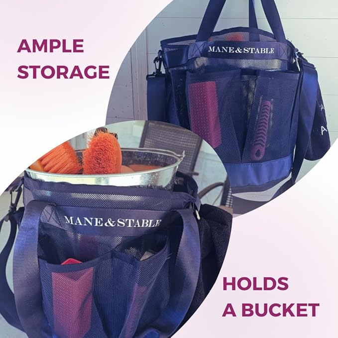 MANE & STABLE Horse Grooming Bag – Hanging Royal Blue Mesh Tote with 8 Pockets & Spacious Compartment | Quick-Drain Design for Barn, Trailer & Wash Rack