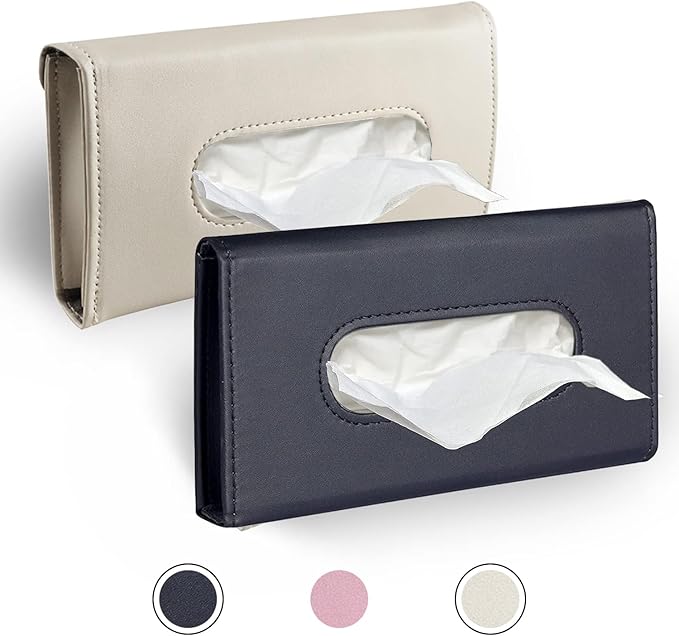 Car Tissue Holder, 2 Pack Sun Visor Napkin Holder, Premium PU Leather, Car Mask Holder for Sun Visor Vehicle, with Tissue Refill, Black&Beige