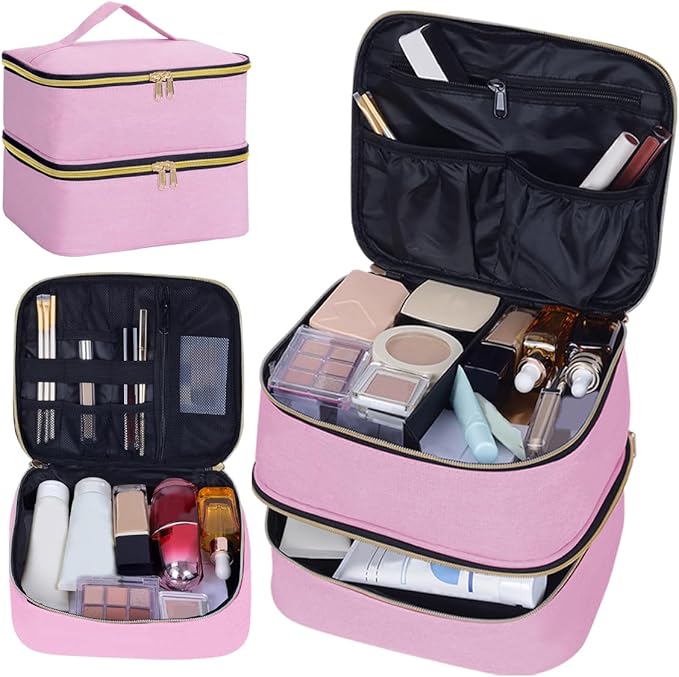Double Layer Makeup Bag Portable Large Cosmetic Case Organizer with Adjustable Dividers Storage Travel Bag for Accessories Brushes Conditioner and Skin Care Products (Pink Gold)