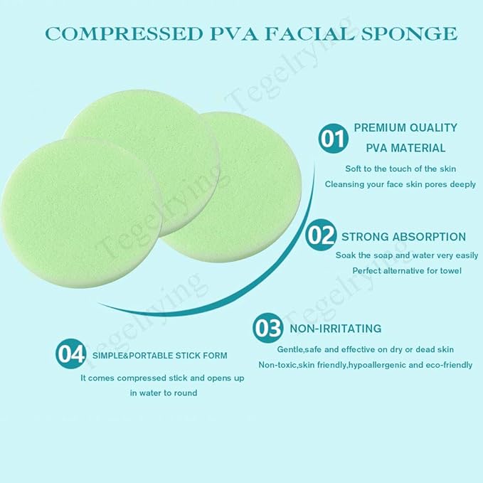 Facial Sponge Compressed,120 Count PVA Professional Makeup Removal Round Face Wash Sponges Spa Pads Exfoliating Cleansing for Women,Green