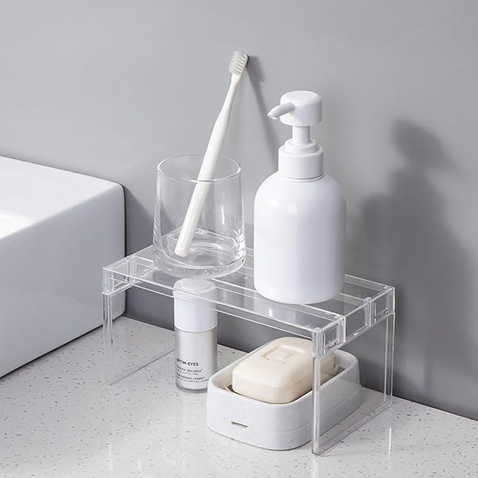 Multi Purpose Layered Fridge Rack Space Saving Kitchen Organiser Shelf Accessory Transparency Cosmetics Desktop Stand Layered Refrigerator Divider