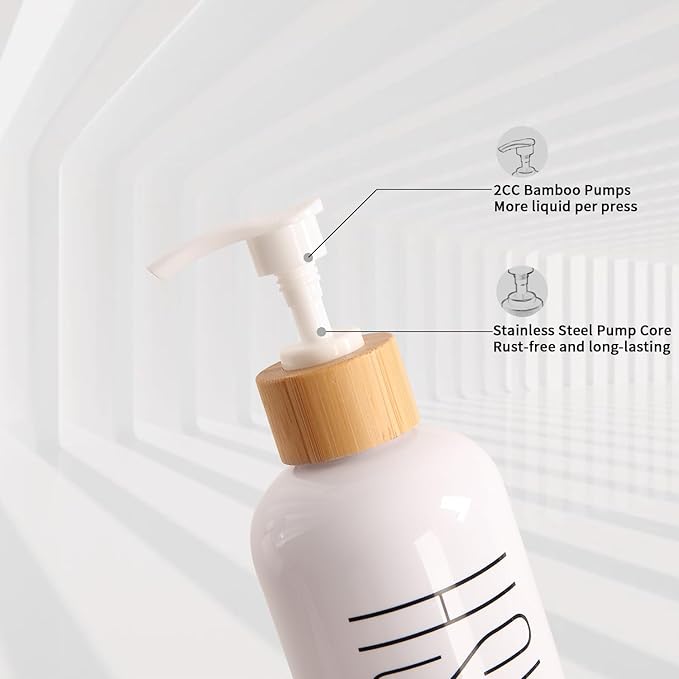 Shampoo and Conditioner Dispenser, Contains Shampoo Conditioner Body Wash Dispenser. Shower Soap Dispenser with Bamboo Pumps & Tray, Perfect for Modern Bathroom Decor. (White)